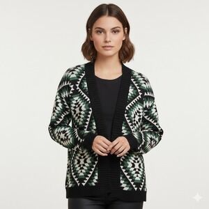 Bear Dance Womens Size Small Cardigan Sweater Green White Black Aztec Geometric